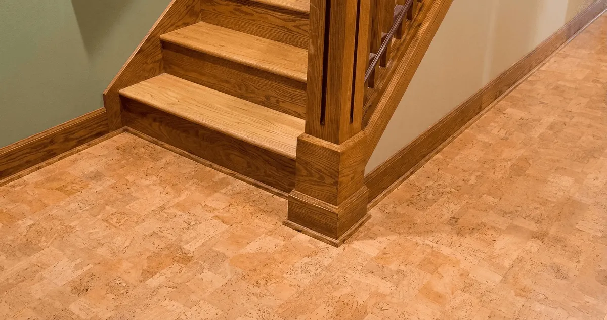 End of a staircase with cork flooring in Anaheim, CA